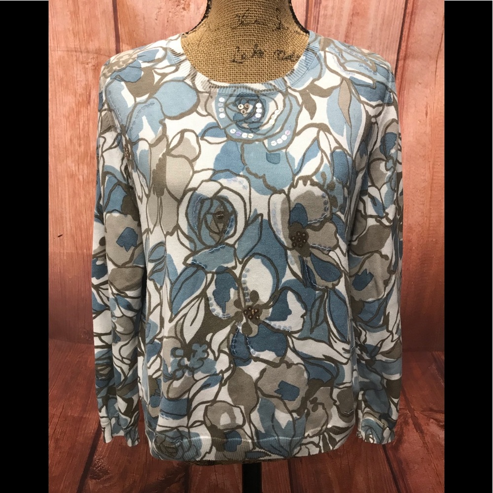 Alfred dunner LP blue/tan floral sequins top